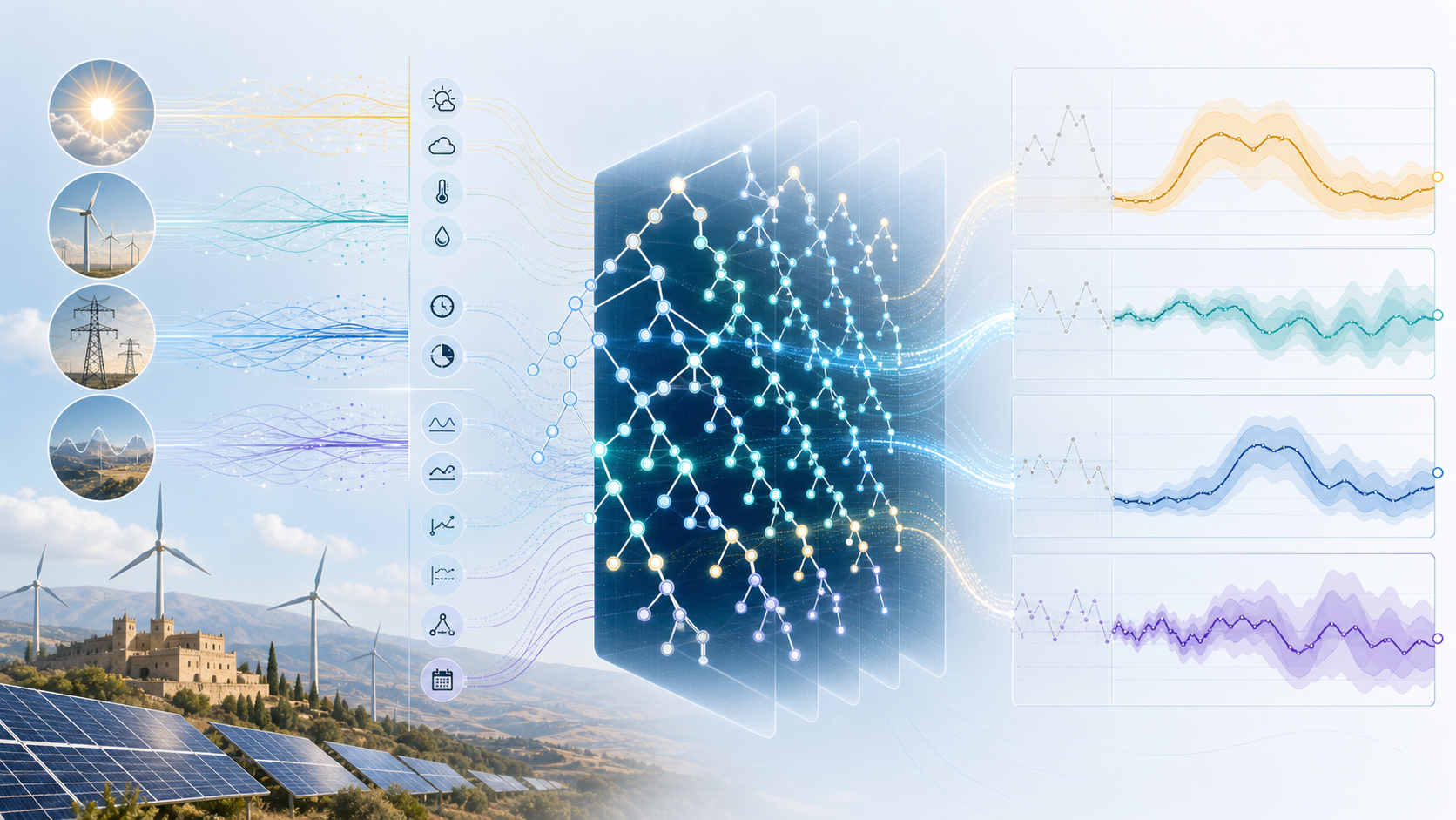 Conceptual overview of the LightGBM forecasting workflow. Engineered weather, time, rolling, and lagged features for solar generation, wind generation, total load, and price are passed through an ensemble of boosted decision trees to produce forecasts and uncertainty intervals. Image was generated using AI.